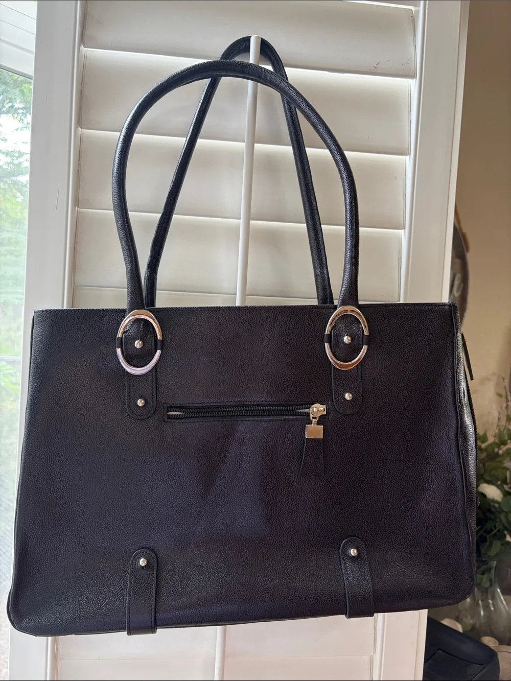Franklin Covey Black Leather-Look Laptop Tote with Silver Hardware